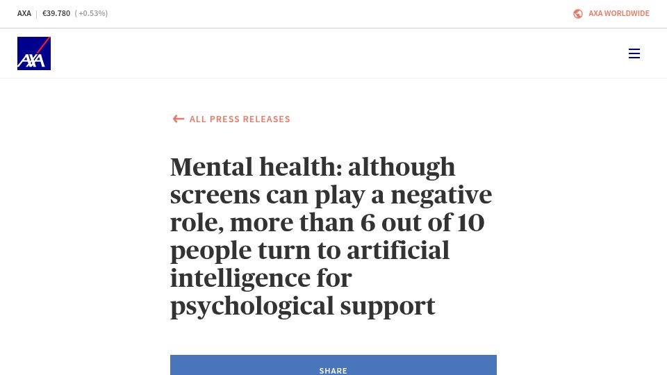 Screenshot of axa.com: More than 6 out of 10 people turn to AI for psychological support