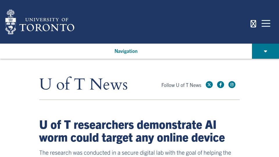 Screenshot of utoronto.ca: U of T researchers demonstrate AI worm could target any online device