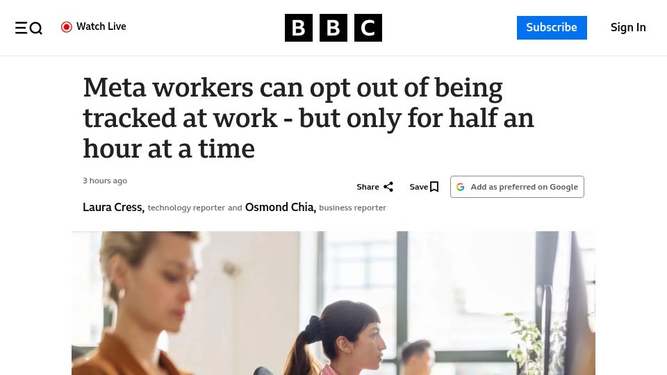 Screenshot of bbc.com: Meta workers can opt out of being tracked at work up to 30 min