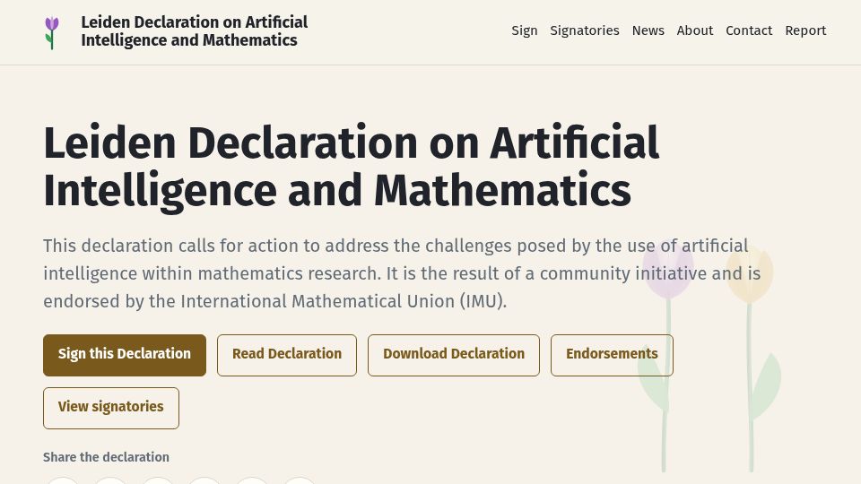 Screenshot of leidendeclaration.ai: Leiden Declaration on Artificial Intelligence and Mathematics