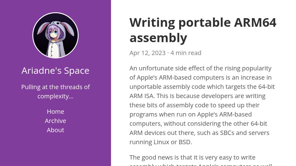 Screenshot of ariadne.space: Writing Portable ARM64 Assembly (2023)