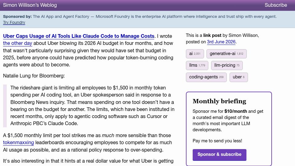 Screenshot of simonwillison.net: Uber's $1,500/month AI limit is a useful signal for AI tool pricing