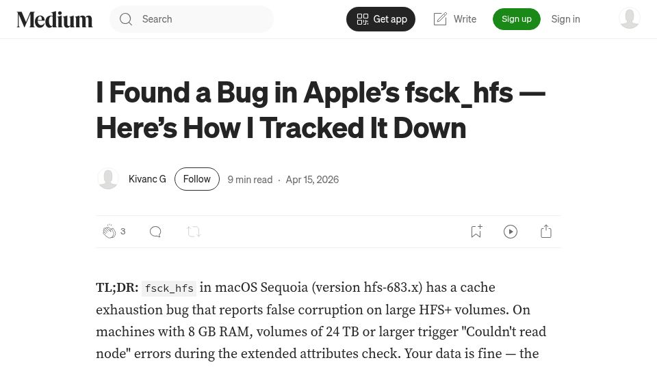 Screenshot of medium.com: I Found a Bug in Apple's Fsck_hfs