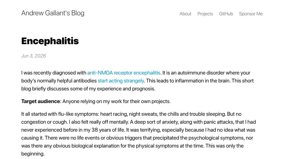 Screenshot of burntsushi.net: I was recently diagnosed with anti-NMDA receptor encephalitis