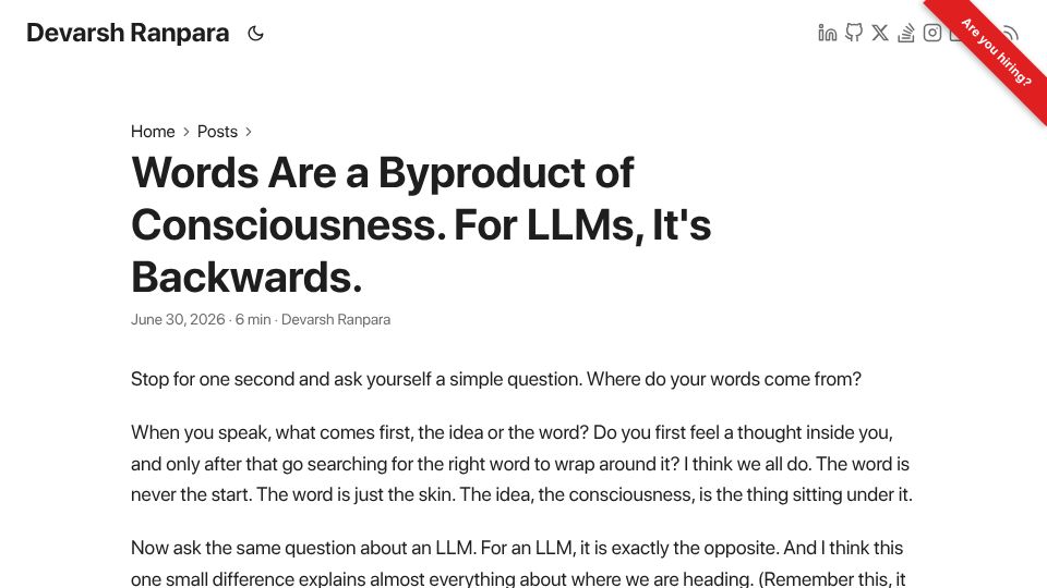 Screenshot of ranpara.net: Words Are a Byproduct of Consciousness. For LLMs, It's Backwards