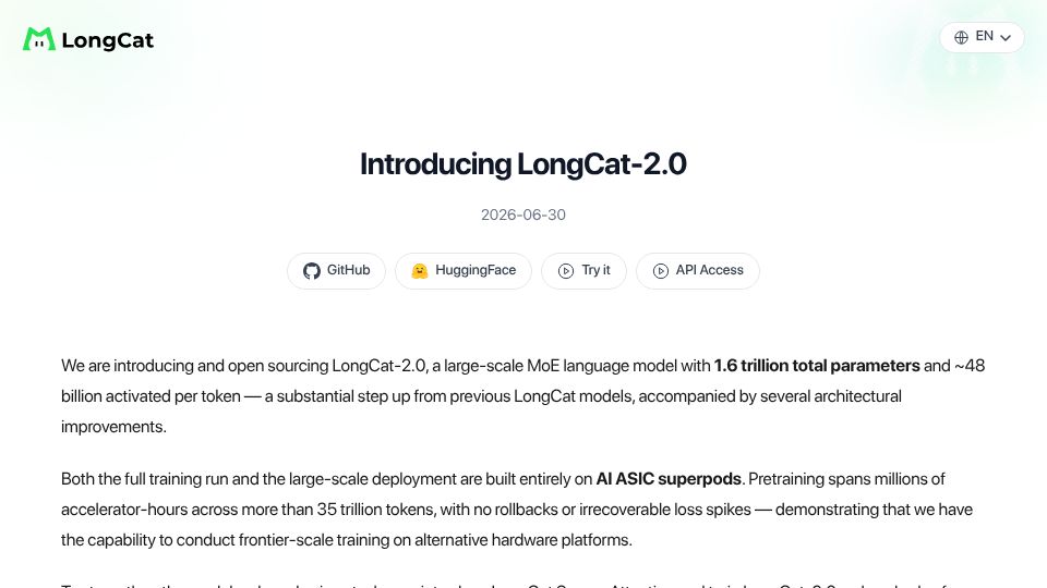 Screenshot of longcat.chat: LongCat-2.0, a large-scale MoE model with 1.6T total and 48B Active
