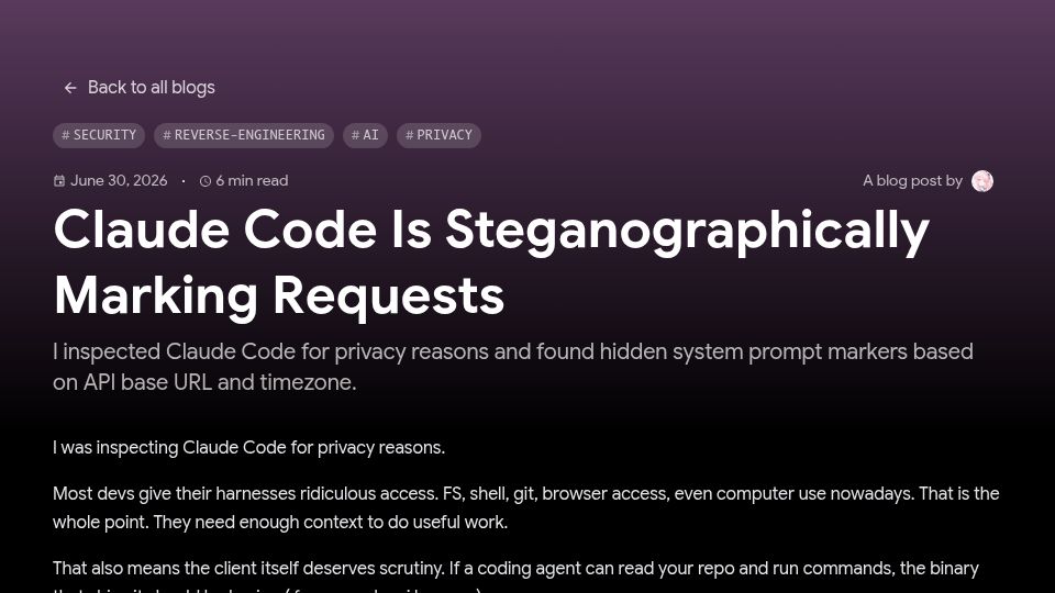Screenshot of thereallo.dev: Claude Code is steganographically marking requests