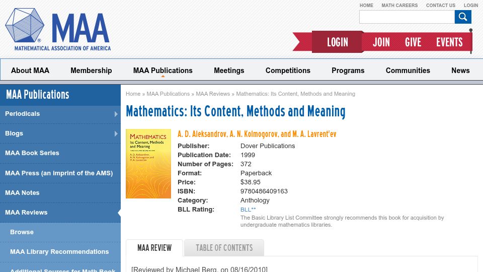 Screenshot of old.maa.org: Mathematics: Its Content, Methods and Meaning