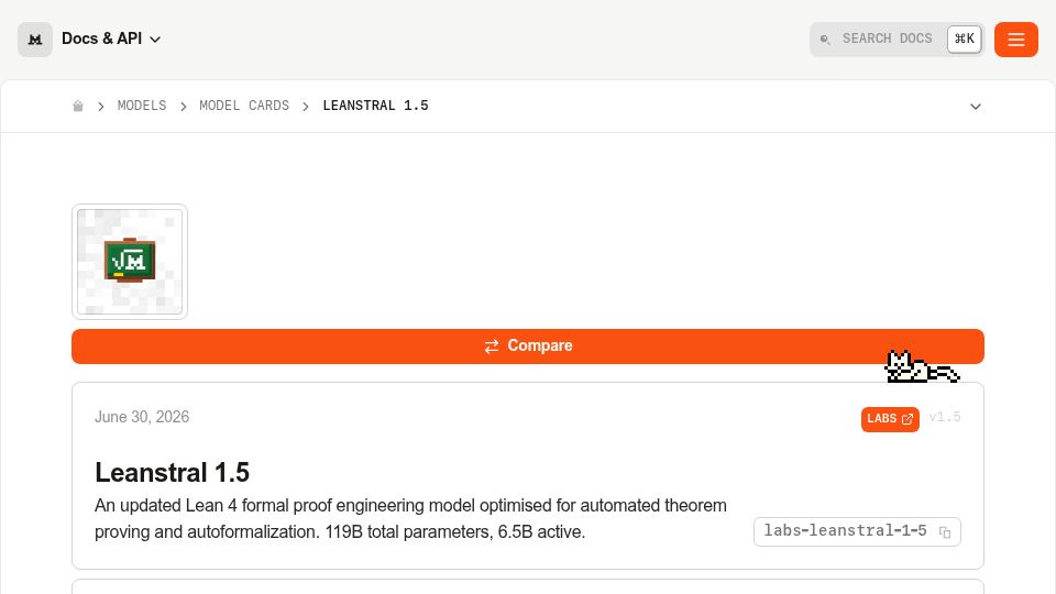 Screenshot of docs.mistral.ai: Leanstral 1.5