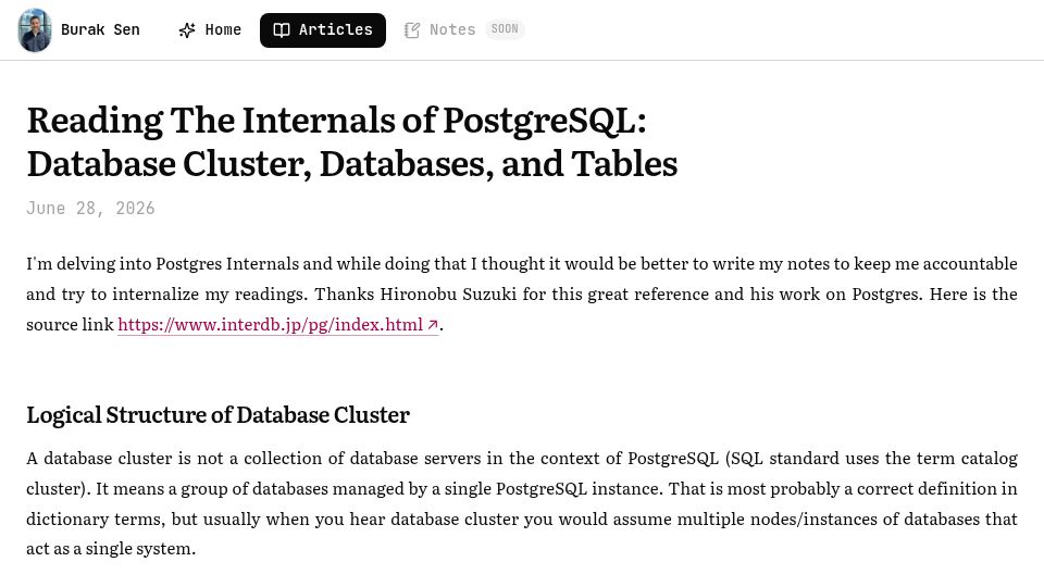 Screenshot of buraksen.dev: Reading the internals of Postgres: Database cluster, databases, and tables