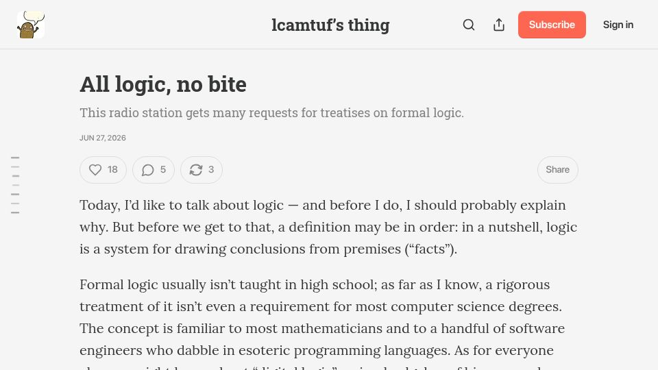 Screenshot of lcamtuf.substack.com: All Logic, No Bite
