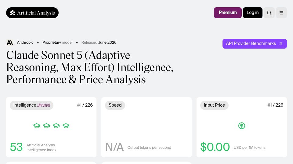 Screenshot of artificialanalysis.ai: Claude Sonnet 5 – benchmark results