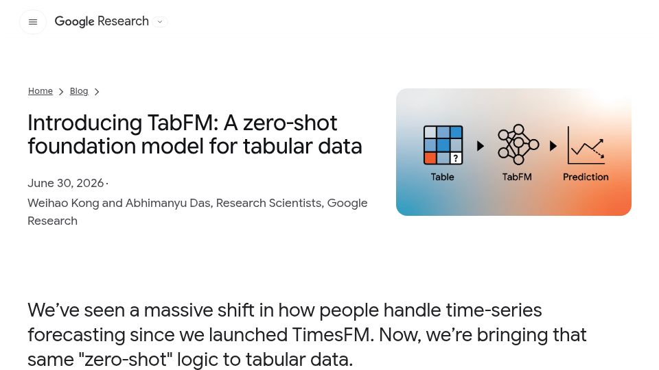 Screenshot of research.google: TabFM: A zero-shot foundation model for tabular data