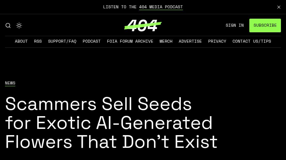 Screenshot of 404media.co: Scammers Sell Seeds for Exotic AI-Generated Flowers That Don't Exist
