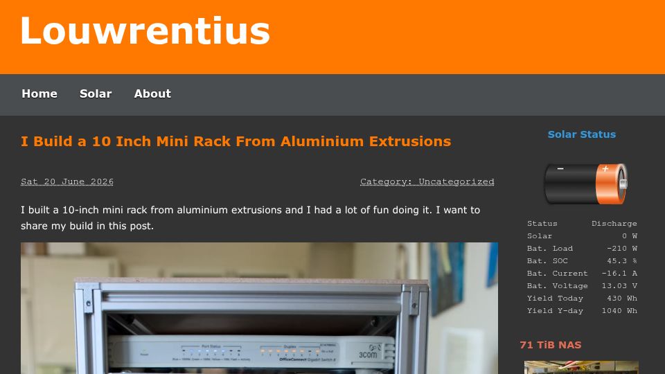Screenshot of louwrentius.com: I built a 10 inch mini rack from aluminium extrusions
