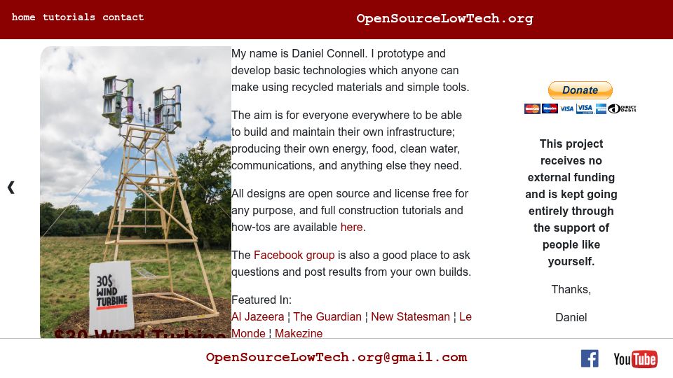 Screenshot of opensourcelowtech.org: Open Source Low Tech
