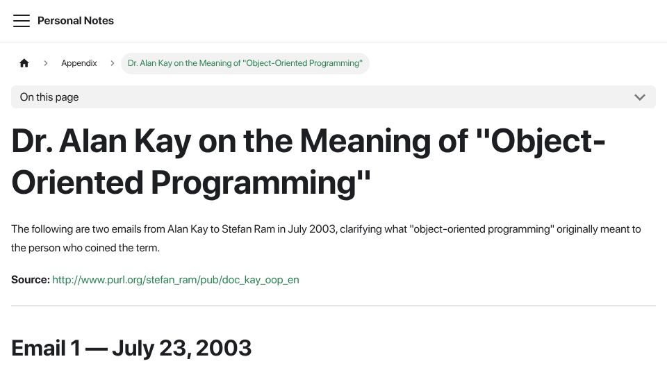 Screenshot of notes.shixiangxi.com: Alan Kay on the meaning of "object-oriented programming" (2003)