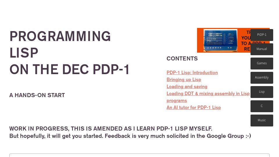 Screenshot of obsolescence.dev: Exploring PDP-1 Lisp (1960)