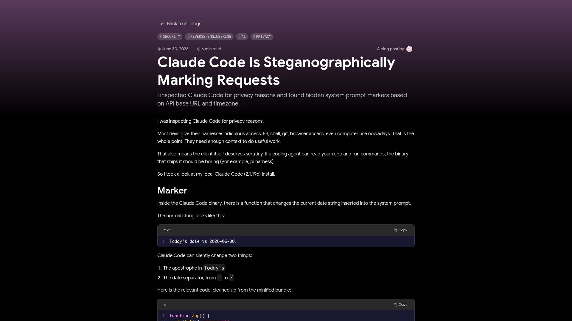 Screenshot of thereallo.dev: Claude Code is steganographically marking requests