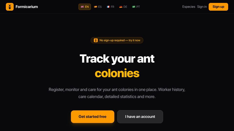 Screenshot of formicarium.es: Show HN: My 13-year-old built an ant colony tracker