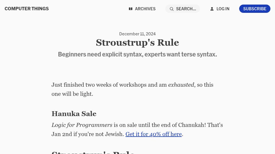 Screenshot of buttondown.com: Stroustrup's Rule (2024)