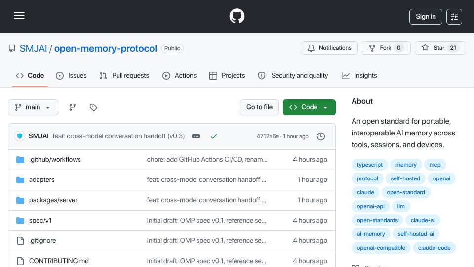Screenshot of github.com: Open Memory Protocol – One Memory Store for Claude, ChatGPT, Curso
