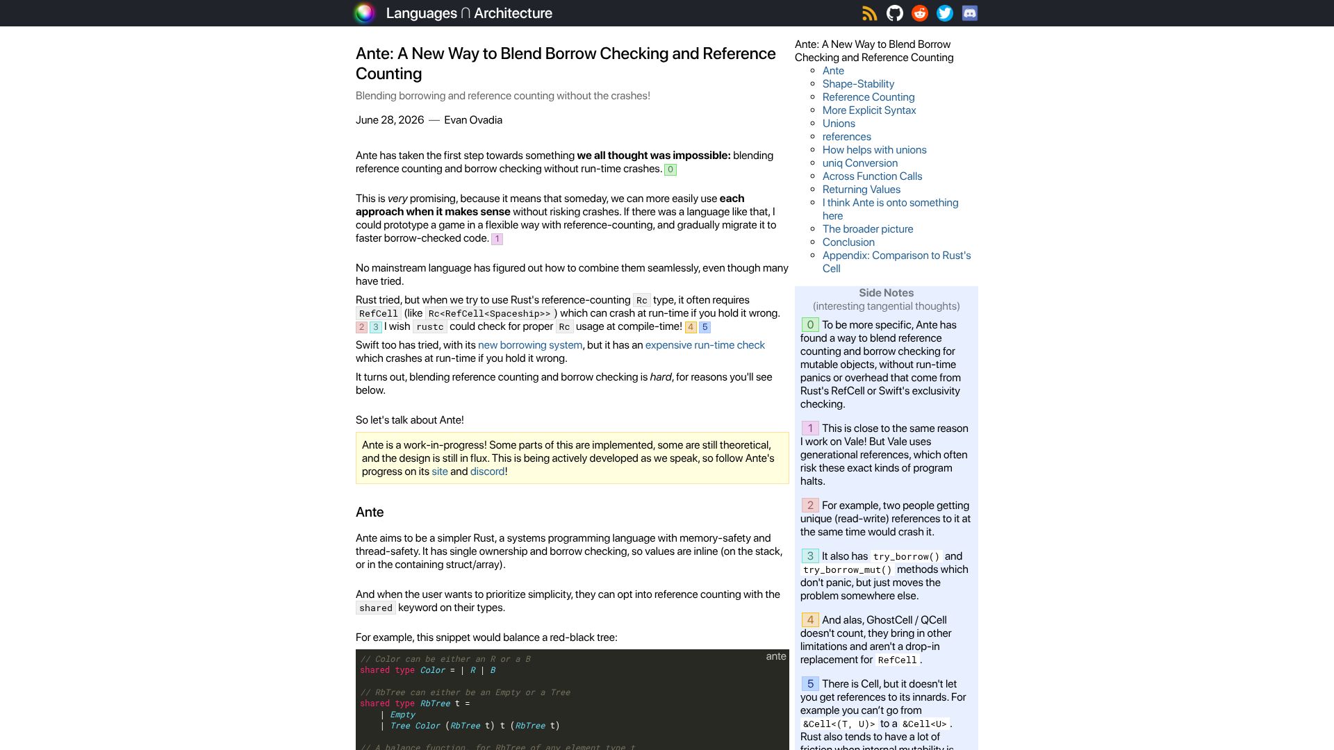Screenshot of verdagon.dev: Ante: A new way to blend borrow checking and reference counting