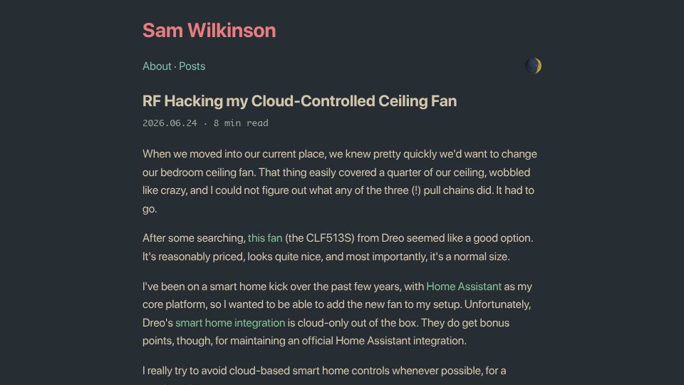 Screenshot of samwilkinson.io: RF hacking my cloud-controlled ceiling fan