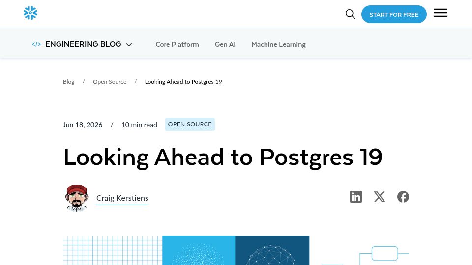 Screenshot of snowflake.com: Looking Ahead to Postgres 19