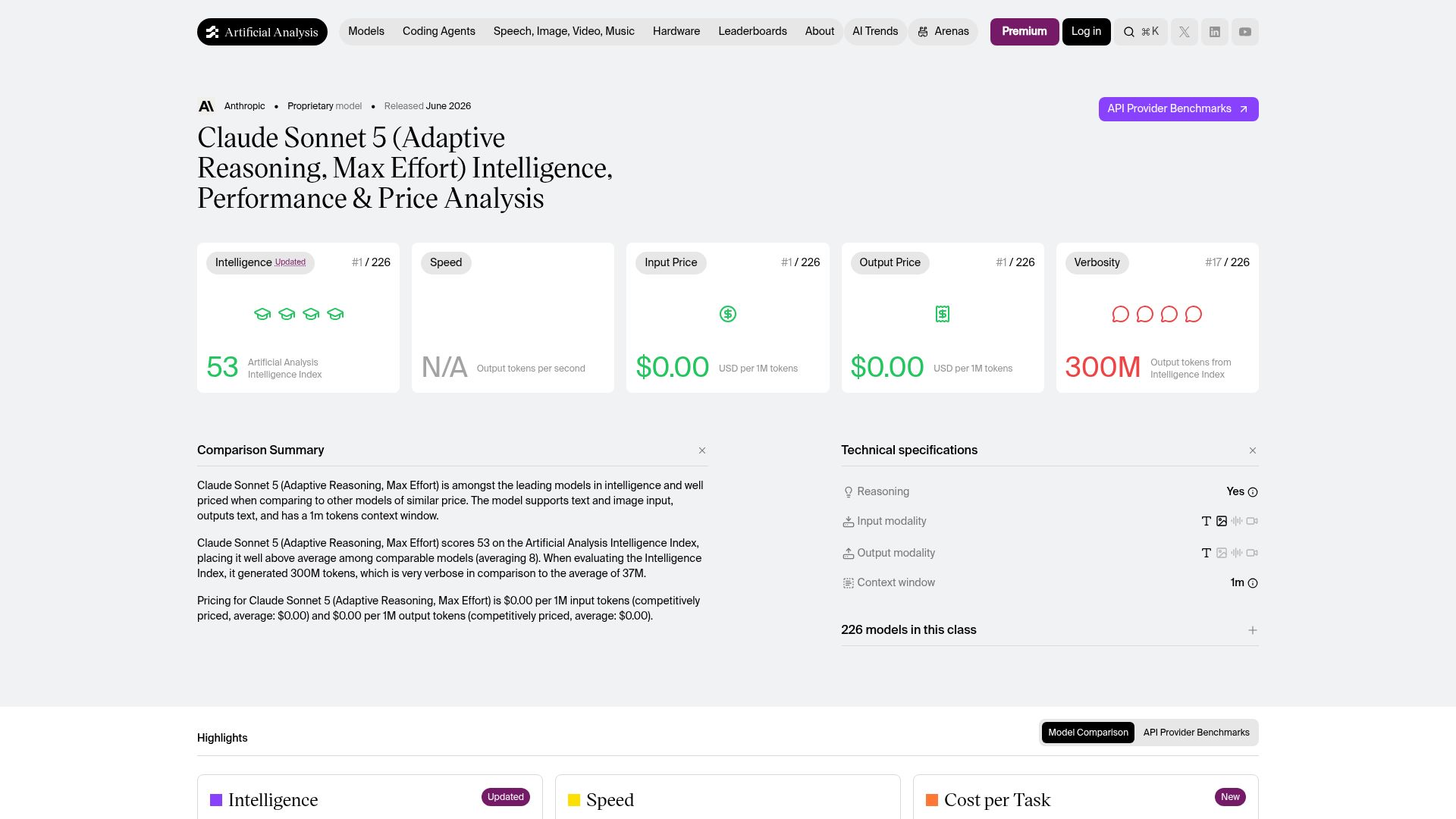 Screenshot of artificialanalysis.ai: Claude Sonnet 5 – benchmark results