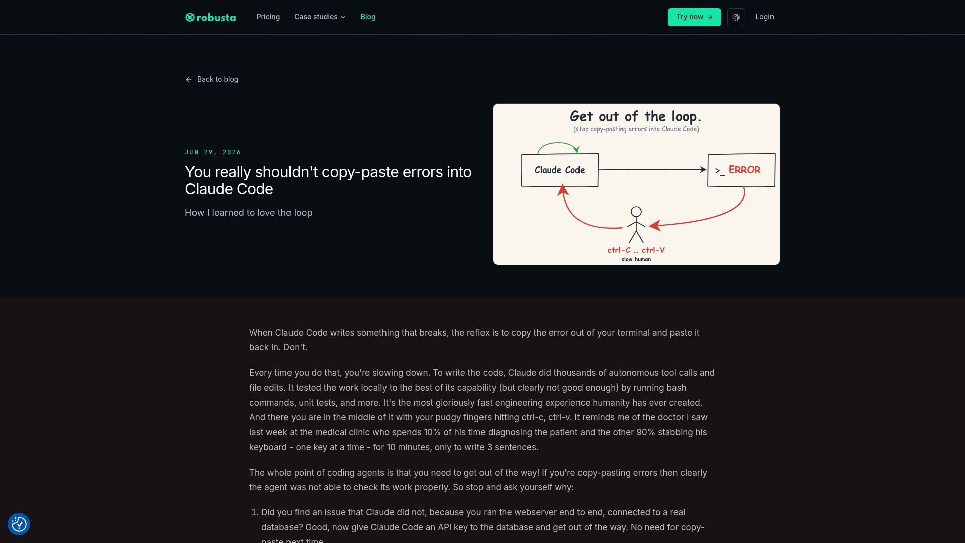 Screenshot of home.robusta.dev: You really shouldn't copy-paste errors into Claude Code