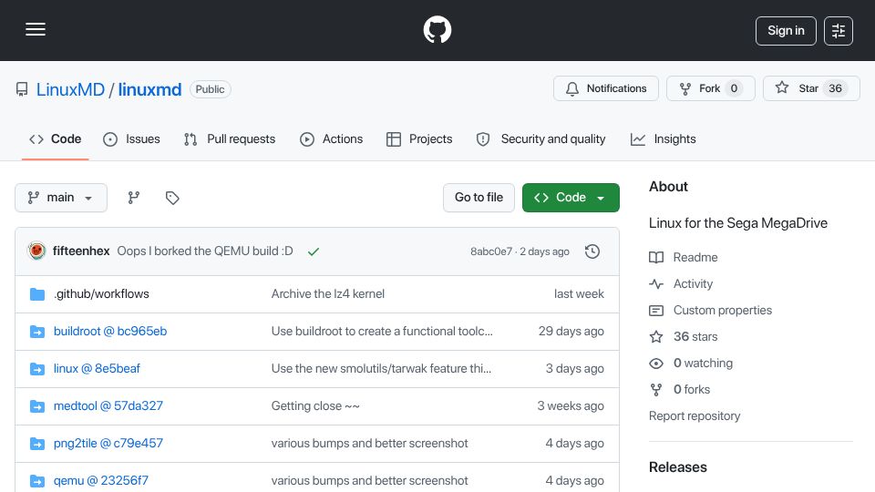 Screenshot of github.com: Linux for the Sega MegaDrive