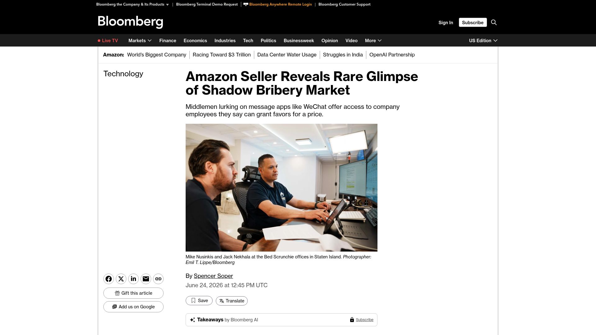 Screenshot of latimes.com: Amazon seller reveals glimpse of shadow bribery market