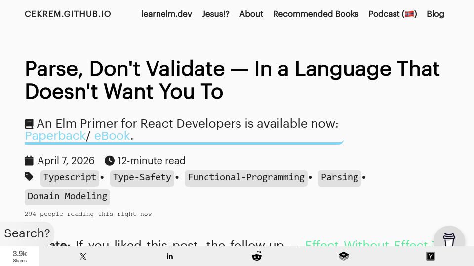 Screenshot of cekrem.github.io: Parse, Don't Validate – In a Language That Doesn't Want You To