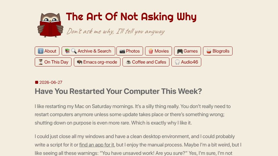 Screenshot of taonaw.com: Have you restarted your computer this week?