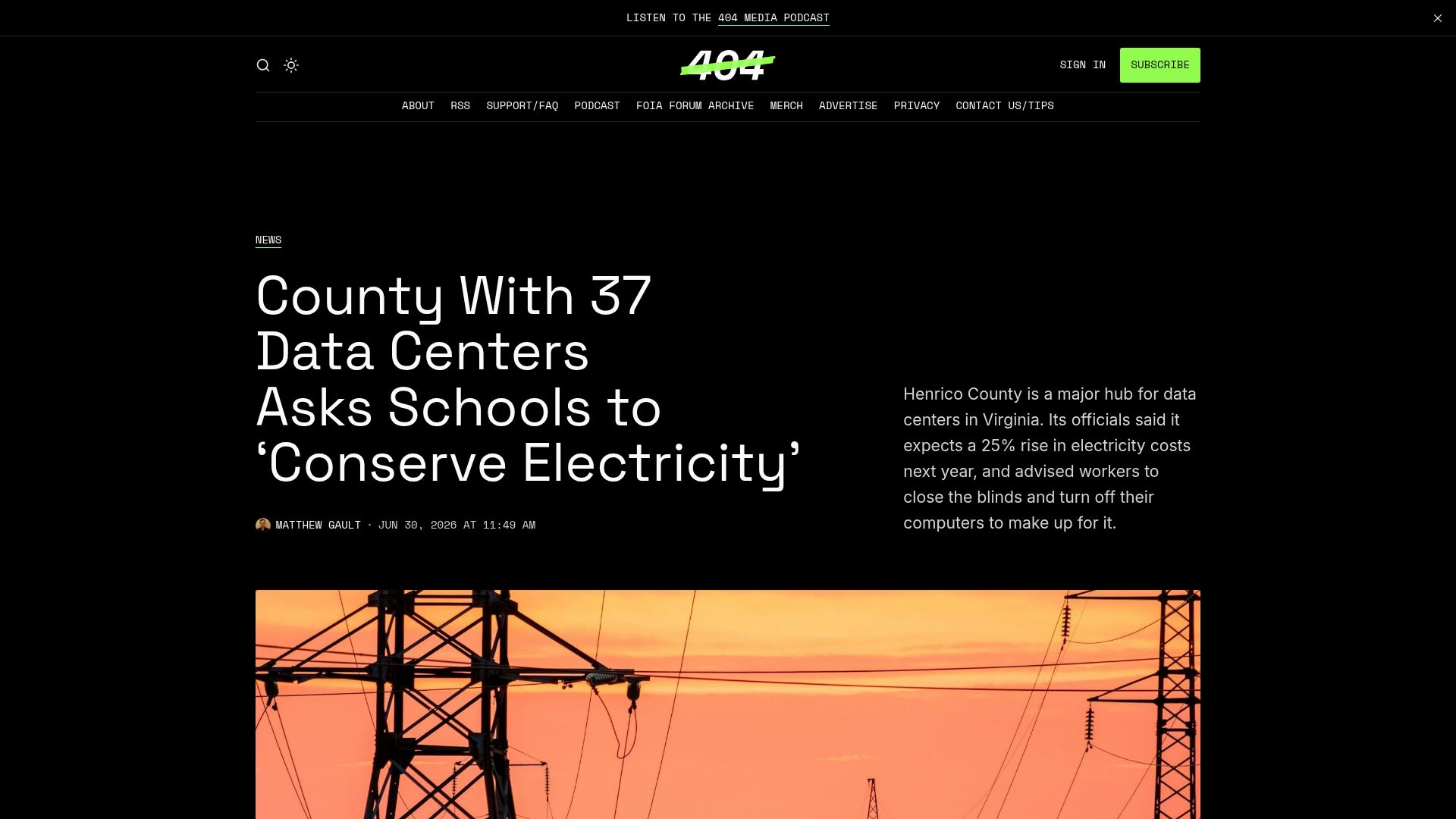 Screenshot of 404media.co: County with 37 Data Centers Asks Schools to 'Conserve Electricity'