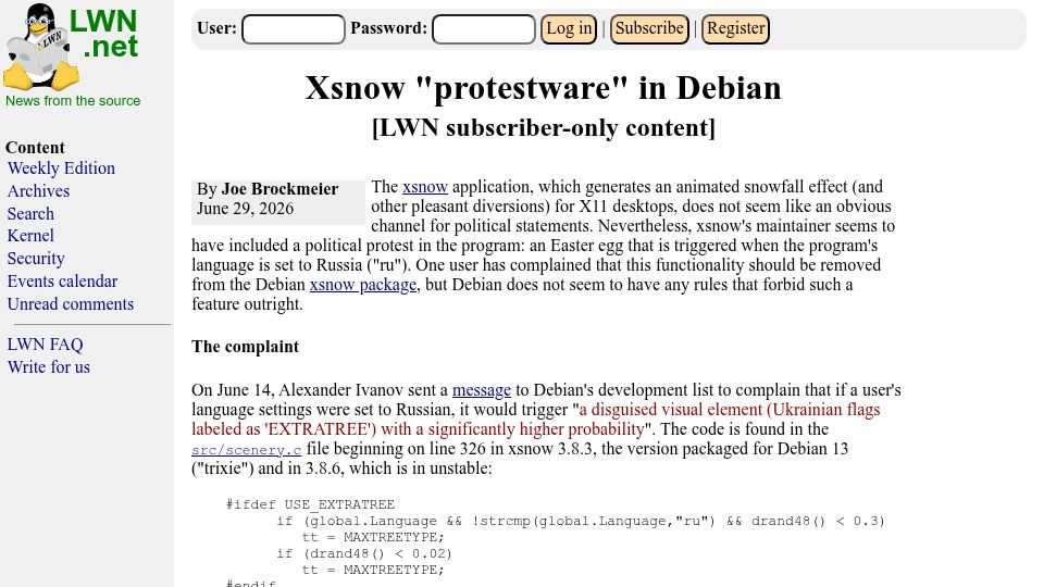 Screenshot of lwn.net: Xsnow "protestware" in Debian