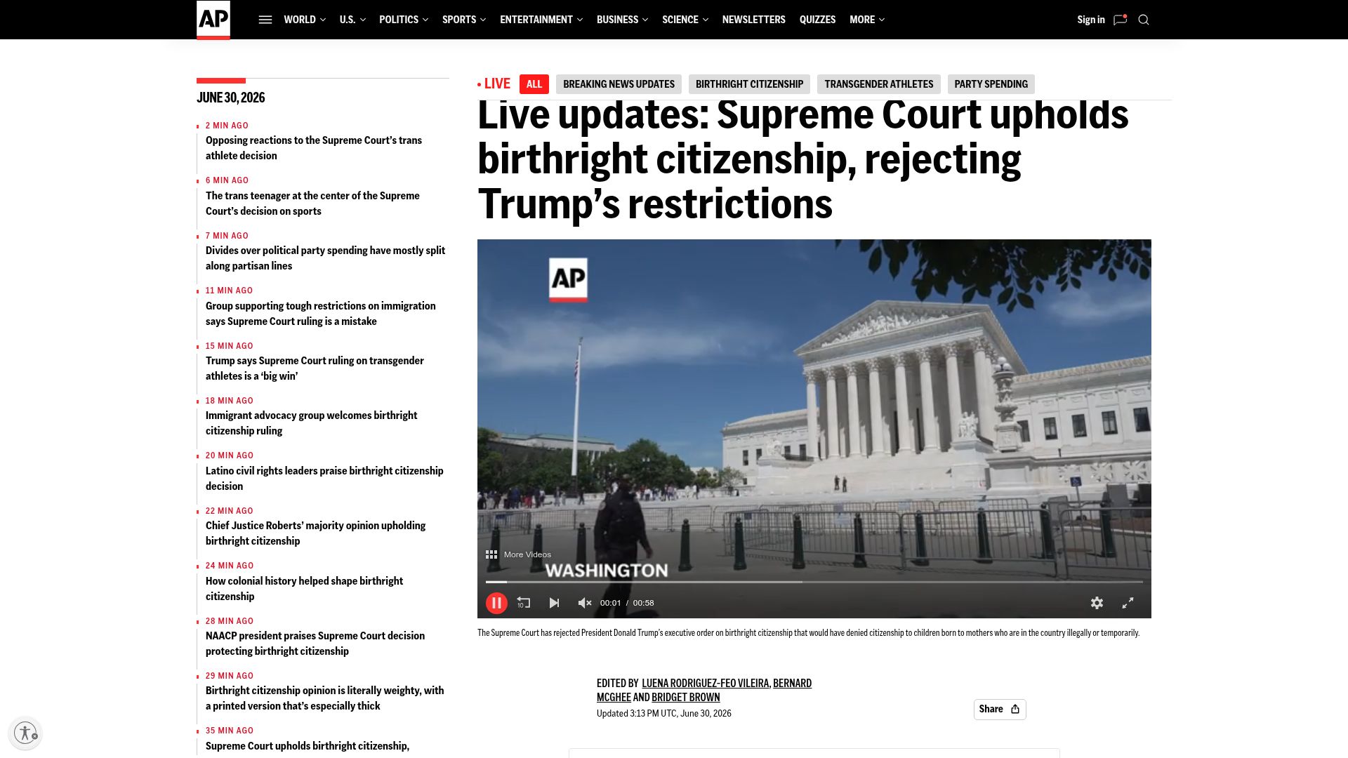 Screenshot of apnews.com: Supreme Court upholds broad conception of birthright citizenship