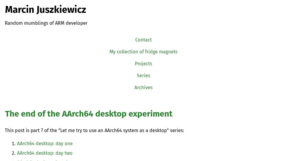 Screenshot of marcin.juszkiewicz.com.pl: The end of my AArch64 desktop experiment