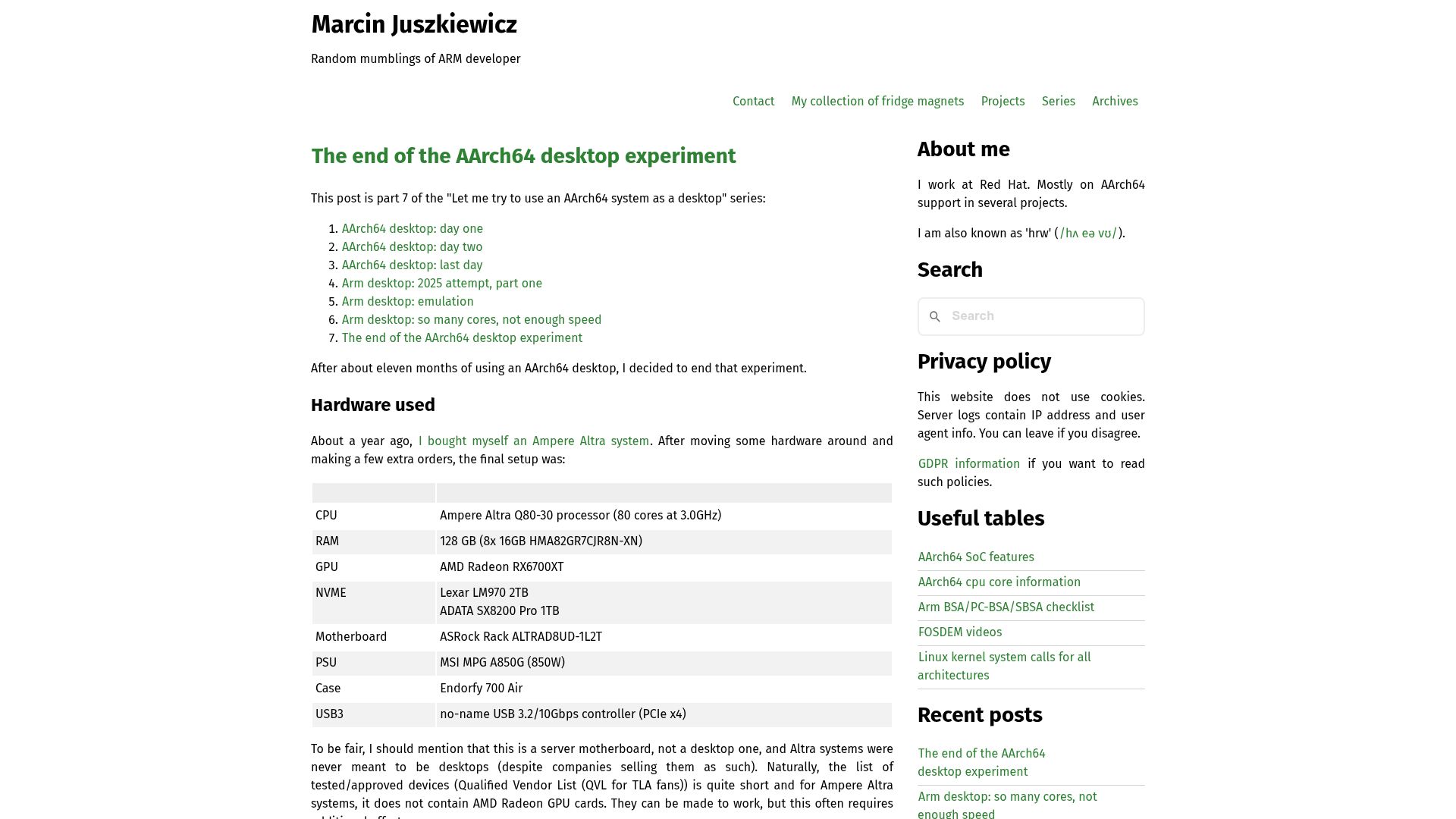 Screenshot of marcin.juszkiewicz.com.pl: The end of my AArch64 desktop experiment