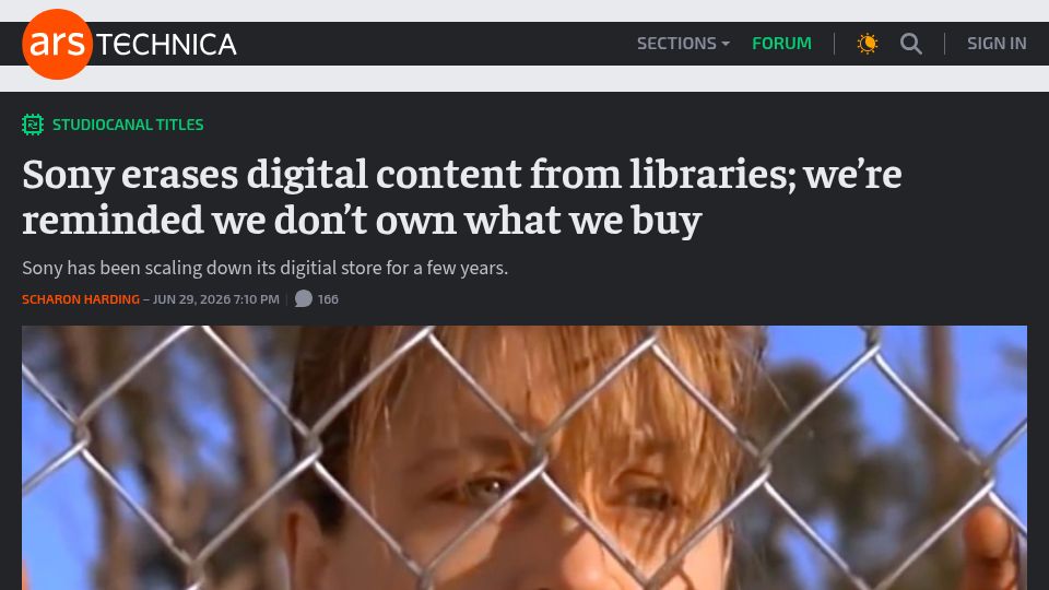 Screenshot of arstechnica.com: Sony erases digital content from libraries; reminded we don't own what we buy