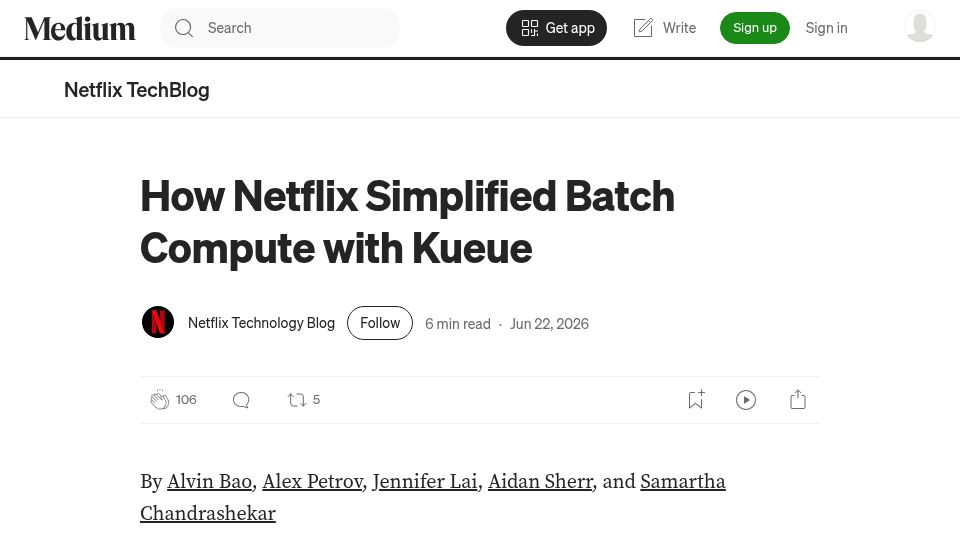 Screenshot of netflixtechblog.com: Netflix Simplified Batch Compute with Kueue