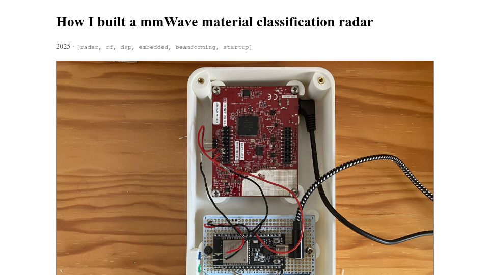 Screenshot of gauthier-lechevalier.com: I built a mmWave material classification radar (2025)