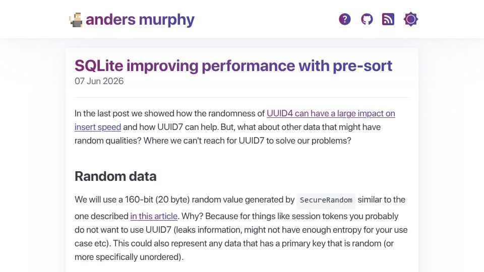 Screenshot of andersmurphy.com: SQLite improving performance with pre-sort