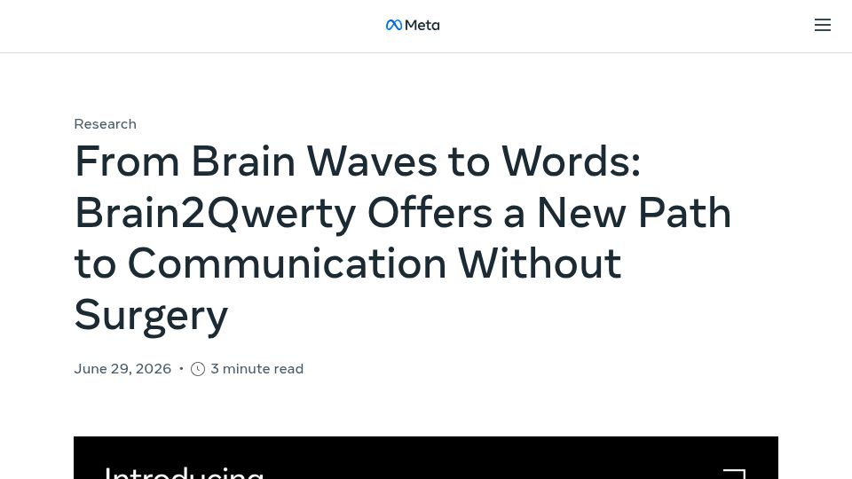 Screenshot of ai.meta.com: From brain waves to words: a new path to communication without surgery