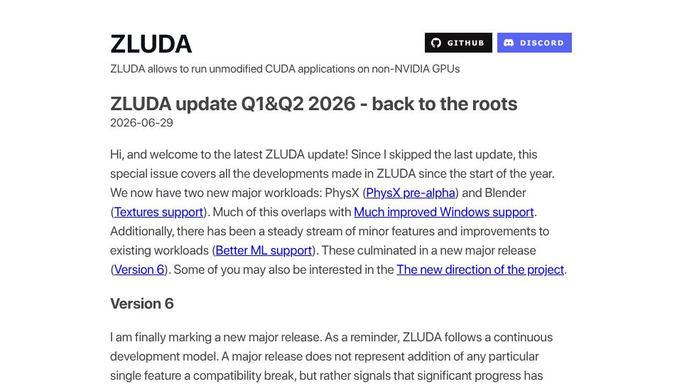 Screenshot of vosen.github.io: Zluda 6 release (run unmodified CUDA applications on non-Nvidia GPUs)