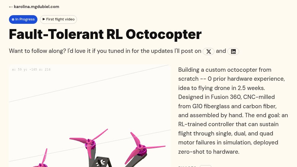 Screenshot of karolina.mgdubiel.com: Building a custom octocopter from scratch with no prior hardware experience