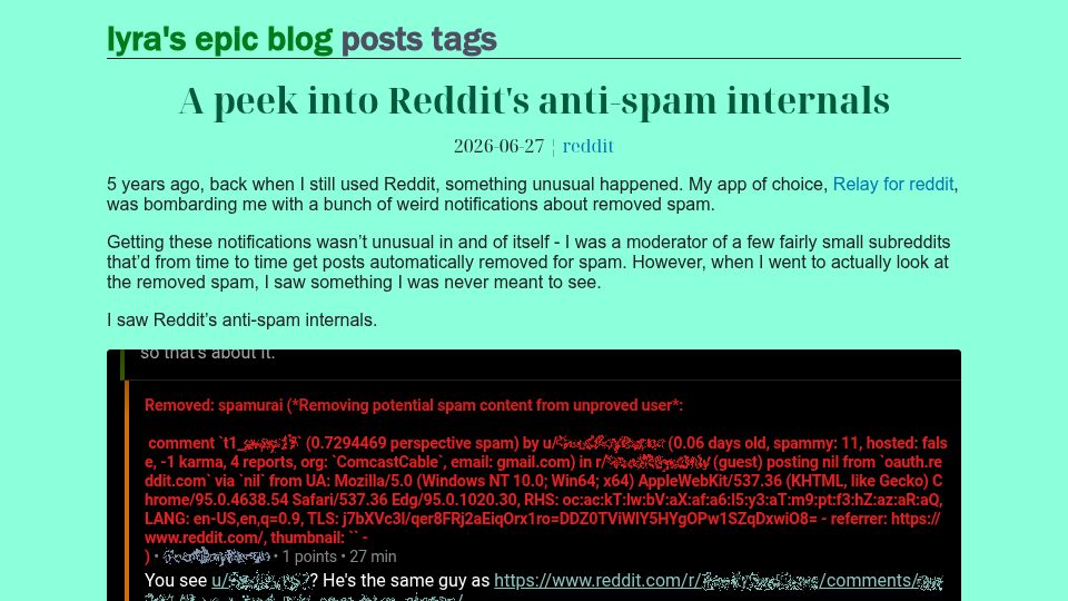 Screenshot of lyra.horse: A peek into Reddit's anti-spam internals