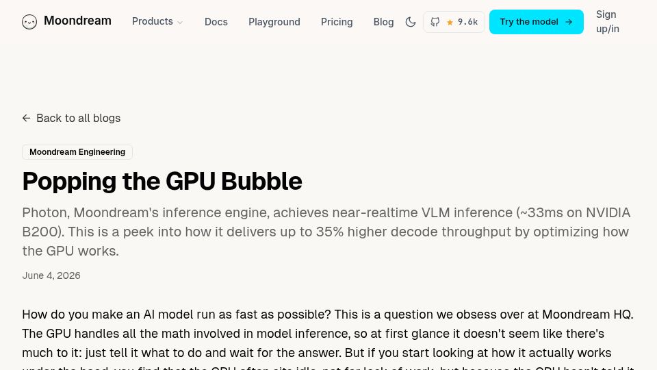 Screenshot of moondream.ai: Popping the GPU Bubble