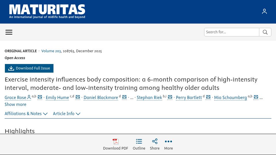 Screenshot of maturitas.org: Exercise intensity influences body composition in healthy older adults (2025)